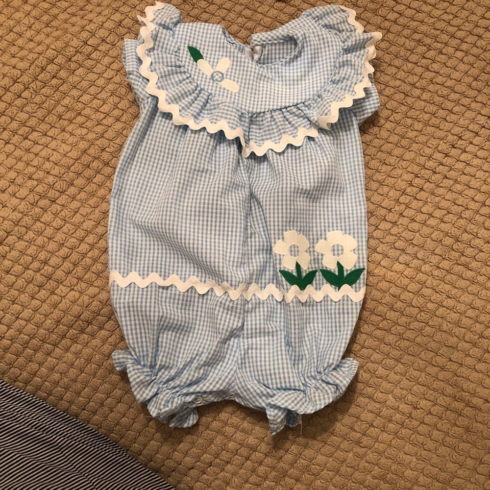 Vintage Blue Gingham Baby Bubble Romper with White Floral Trim